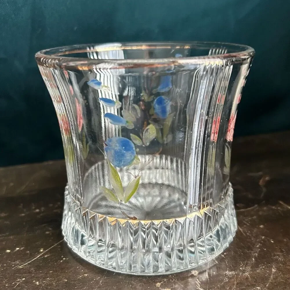 Vintage Cut Glass Hand Painted Spooner Short Vase UV Glow